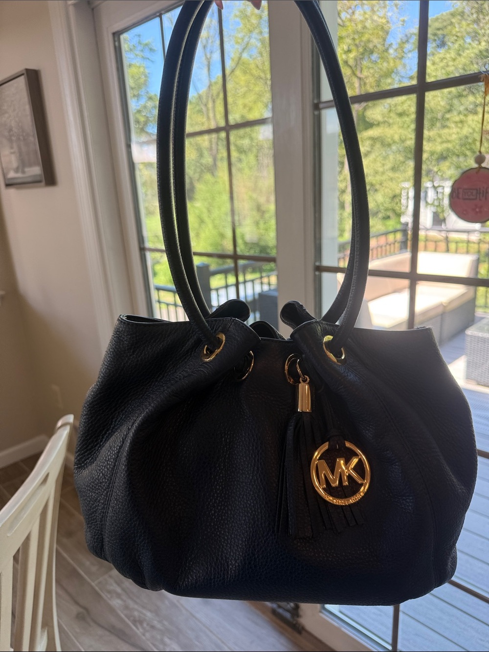 Michael Kors Navy Blue Pebbled Leather Drawstring Shoulder Purse with Gold Charm